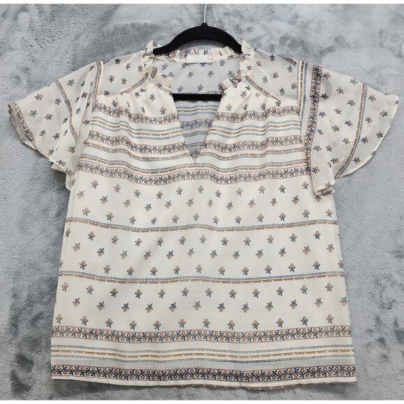 Sage The Label Top Womens M Cream Floral Collared V-Neck Pullover Flutter Sleeve - Picture 1 of 8